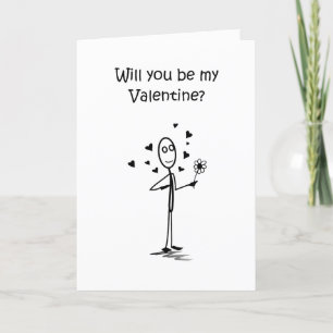 A cute stick figure man holding a daisy, with hear holiday card