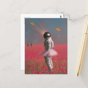 A cute surreal astronaut with a disco ball head postcard