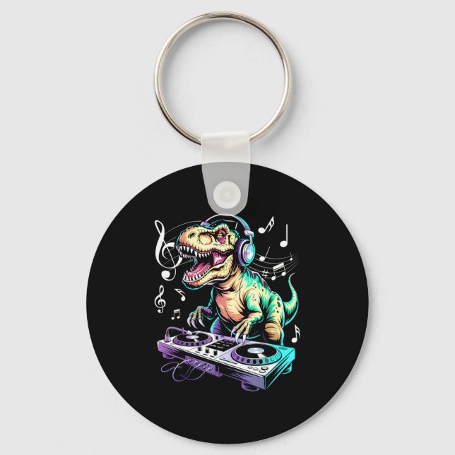 A Cute T-rex Playing Electronic Music Funny Dj Din Key Ring (Front)