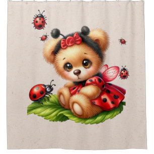 A Cute Teddy Bear Dressed Like a Ladybug Shower Curtain