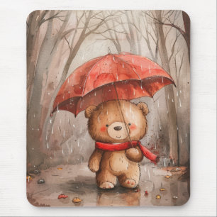 A Cute Teddy Bear in The Rain Mouse Mat