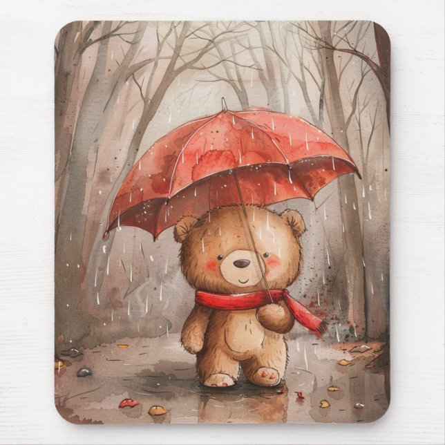 A Cute Teddy Bear in The Rain Mouse Mat (Front)