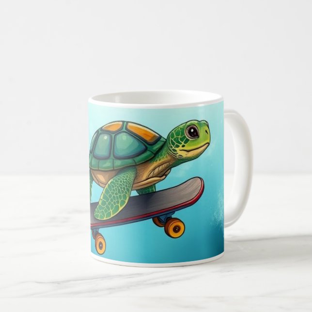 A cute turtle riding a skateboard coffee mug (Front Right)