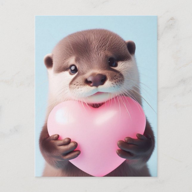 A cute Valentine Otter Pink Heart Postcard (Front)