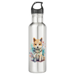 A cute well-behaved dog in a floral   710 ml water bottle
