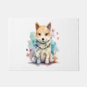 A cute well-behaved dog in a floral shirt  doormat