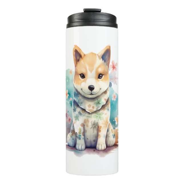A cute well-behaved dog in a floral   thermal tumbler (Front)