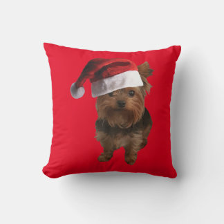 A Cute Yorki Wearing a Santa Claus Hat Cushion