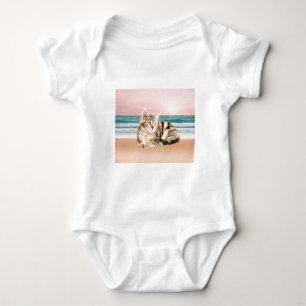 A Cuter Striped Cat Sitting on Beach with sunset Baby Bodysuit