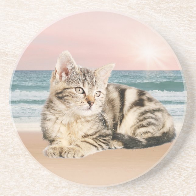 A Cuter Striped Cat Sitting on Beach with sunset Coaster (Front)
