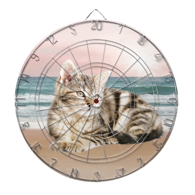 A Cuter Striped Cat Sitting on Beach with sunset Dartboard (Front)