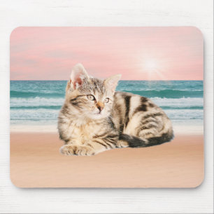 A Cuter Striped Cat Sitting on Beach with sunset Mouse Mat