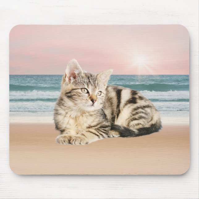 A Cuter Striped Cat Sitting on Beach with sunset Mouse Mat (Front)