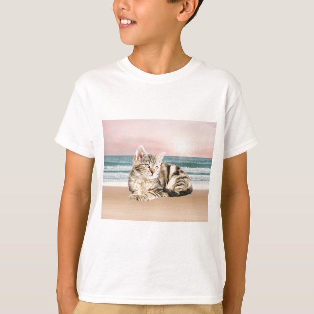 A Cuter Striped Cat Sitting on Beach with sunset T-Shirt (Front)