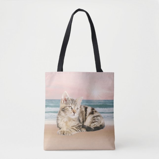 A Cuter Striped Cat Sitting on Beach with sunset Tote Bag (Front)