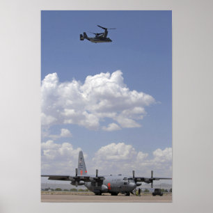 A CV-22 Osprey flies over a C-130 Hercules Poster