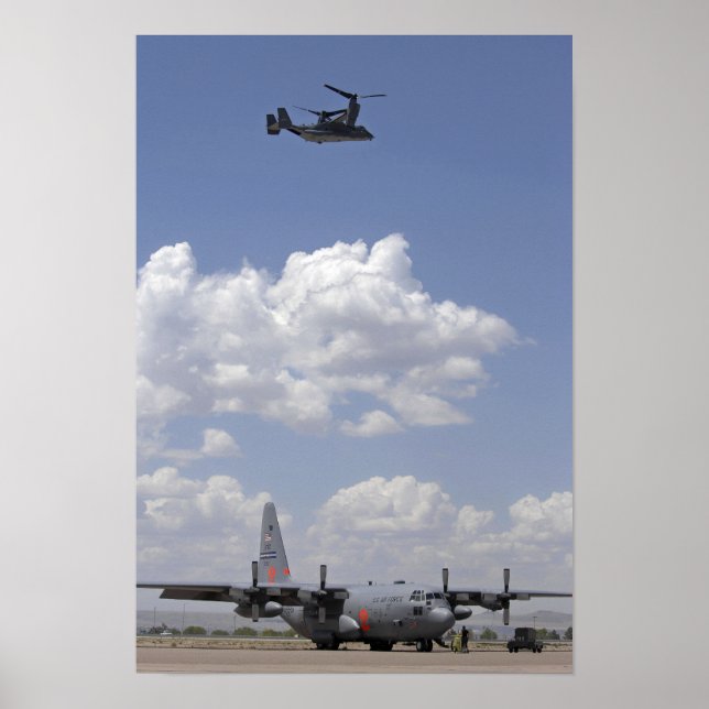 A CV-22 Osprey flies over a C-130 Hercules Poster (Front)