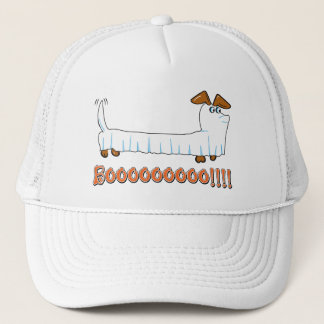A Dachshund in a Sheet as a Ghost for Halloween Trucker Hat