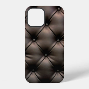 A dark leather cushion background, from a car seat iPhone 12 case