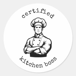 A dashing black monochromatic comic style of chef classic round sticker