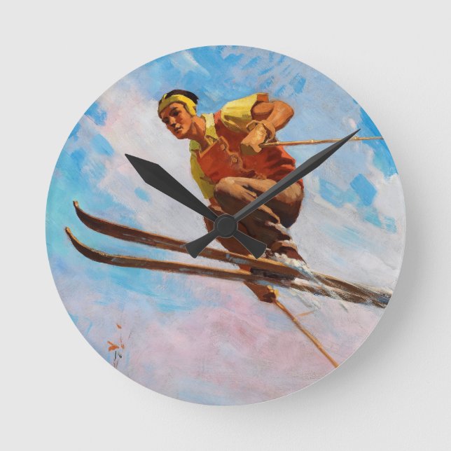 A Dashing Skier by Endre Hollos Round Clock (Front)