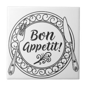 A decorative bon appetit sign with fork and knife tile