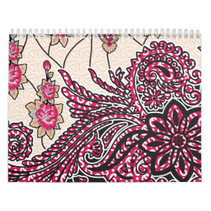 A decorative paisley design with vivid red and pin calendar