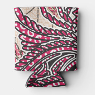 A decorative paisley design with vivid red and pin can cooler