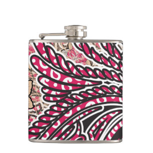 A decorative paisley design with vivid red and pin hip flask