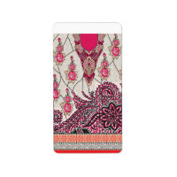 A decorative paisley design with vivid red and pin