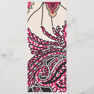 A decorative paisley design with vivid red and pin menu