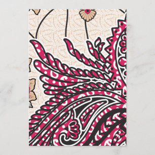 A decorative paisley design with vivid red and pin menu