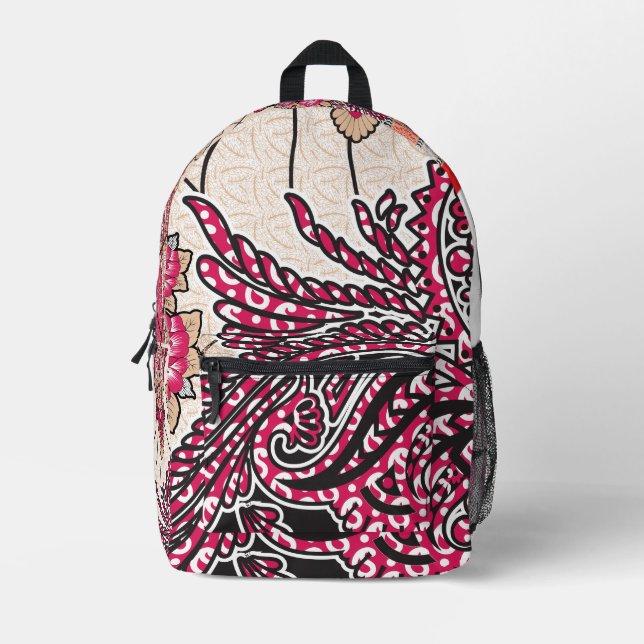 A decorative paisley design with vivid red and pin printed backpack (Front)