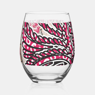 A decorative paisley design with vivid red and pin stemless wine glass