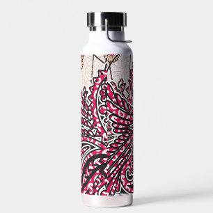 A decorative paisley design with vivid red and pin water bottle