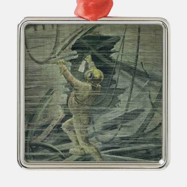 A Deep Sea Diver Looking at the Wrecks Metal Tree Decoration (Front)