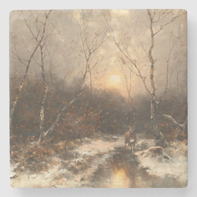 A Deer in a Forest by Moonlight – Désiré Thomassin Stone Coaster (Front)