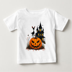 A Deer on a Halloween Pumpkin and a Haunted House Baby T-Shirt