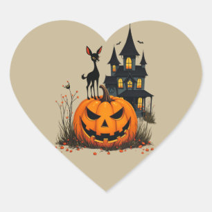 A Deer on a Halloween Pumpkin and a Haunted House Heart Sticker