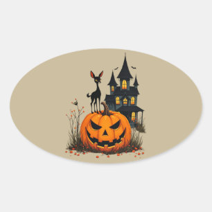 A Deer on a Halloween Pumpkin and a Haunted House Oval Sticker