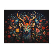 a deer surrounded by flowers in dark colors