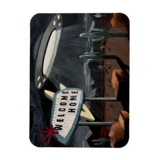 A desert vintage road sign and flying saucer. magnet