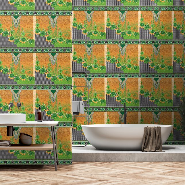 a design of a green and yellow wall hanging (Bathroom)