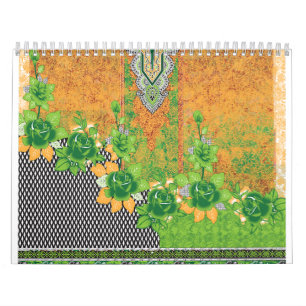 a design of a green and yellow wall hanging calendar