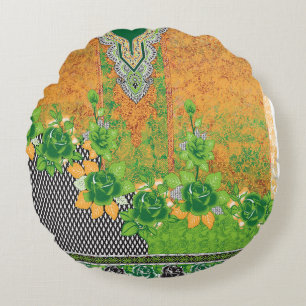 a design of a green and yellow wall hanging round cushion