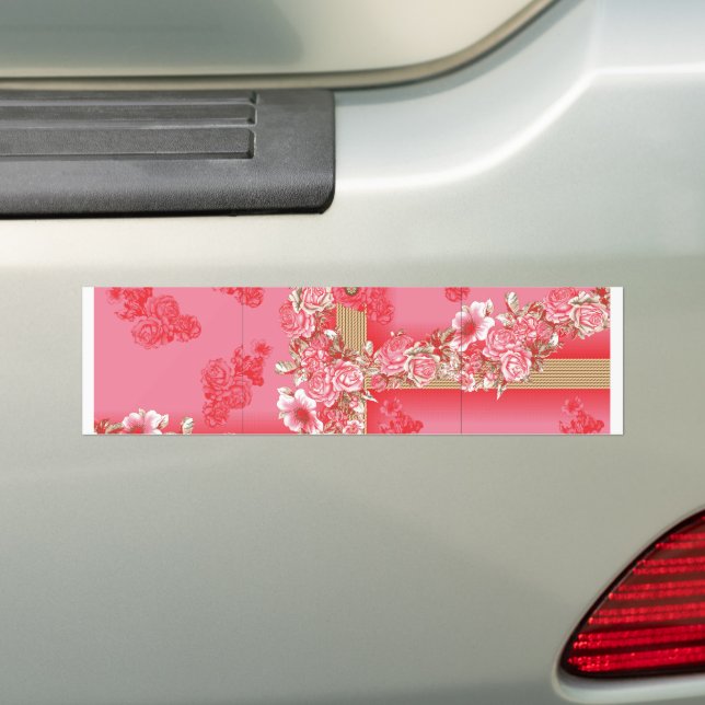 a design of a pink and gold background with a red  bumper sticker (On Car)