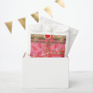 a design of a pink and gold background with a red favour bags