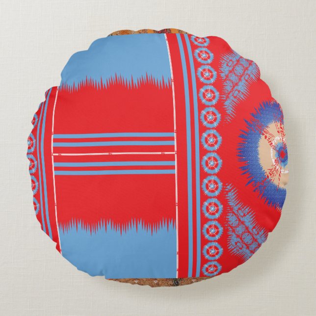 a design of a red and blue pattern round cushion (Front)