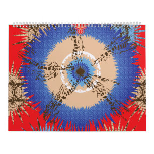 a design of a red background with a blue circle calendar