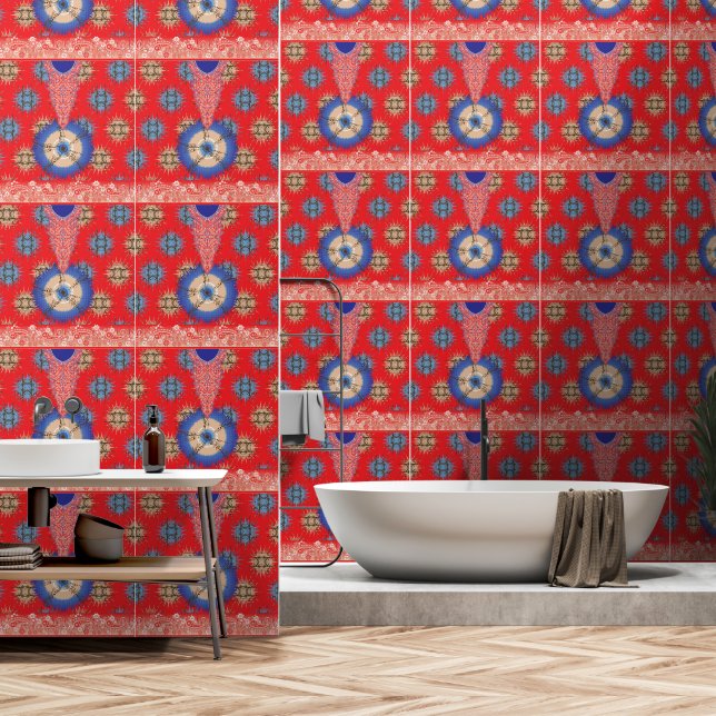  a design of a red background with a blue circle wallpaper (Bathroom)